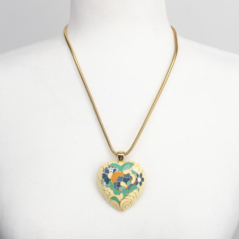 Vintage Cloisonné Enamel Heart Necklace Floral Gold Tone